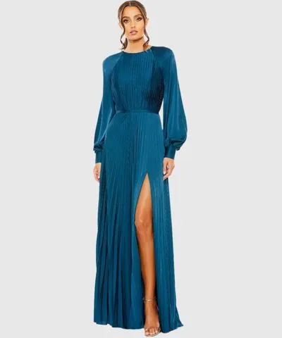 Ieena for Mac Duggal Blue Pleated High Neck Raglan Long Sleeve Side Slit Wedding Guest Maxi Gown In