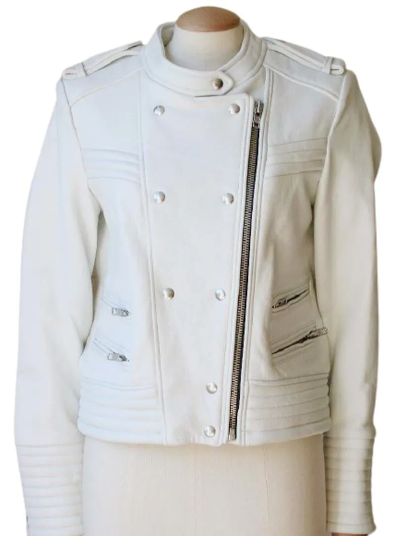 IRO ROJAN LEATHER BIKER JACKET IN WHITE FR 40 UK 12