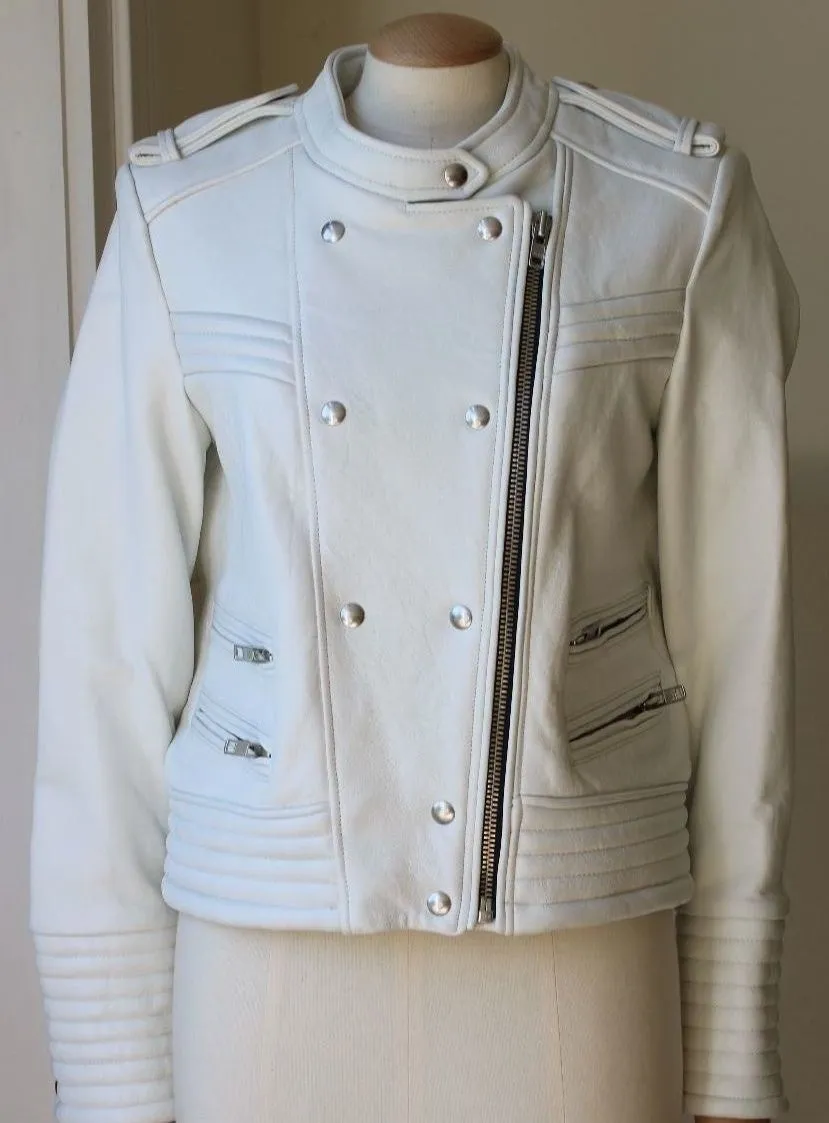 IRO ROJAN LEATHER BIKER JACKET IN WHITE FR 40 UK 12