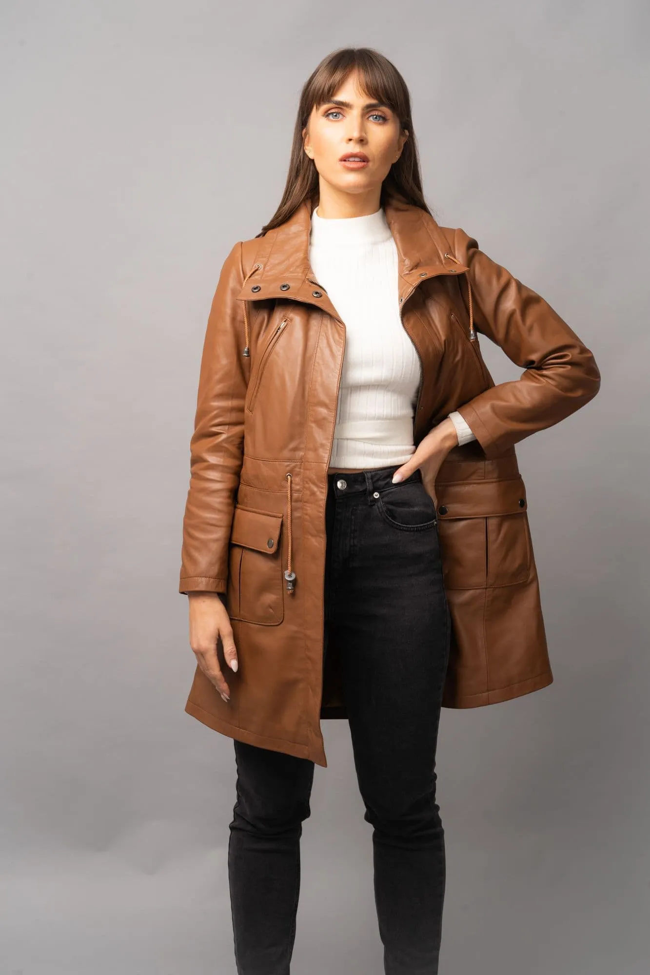 Ladies Leather Coat Tan