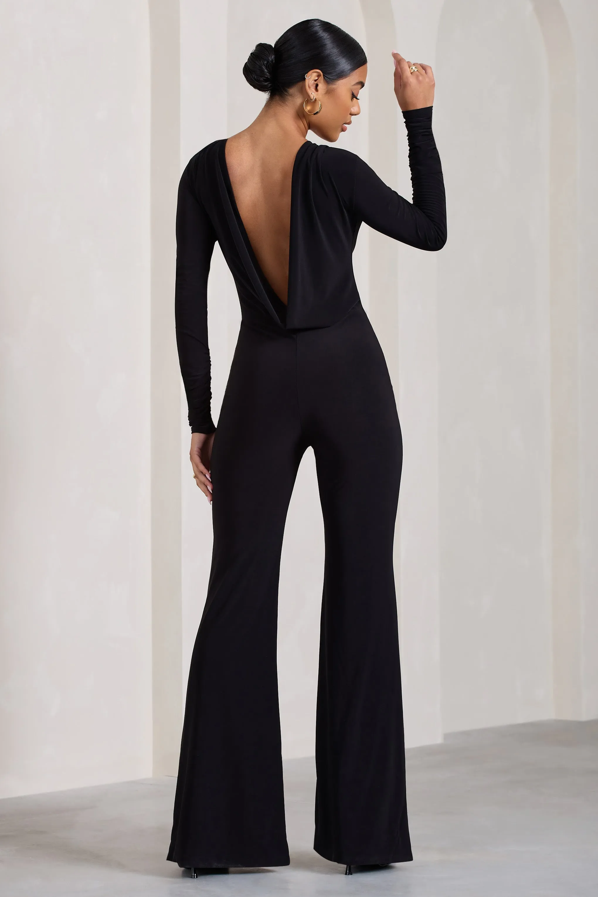 Lana | Black Long-Sleeved Flared-Leg Jumpsuit