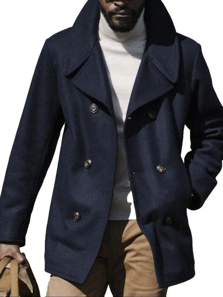 Lapel Double Pocket Double Breasted Casual Woolen Coat