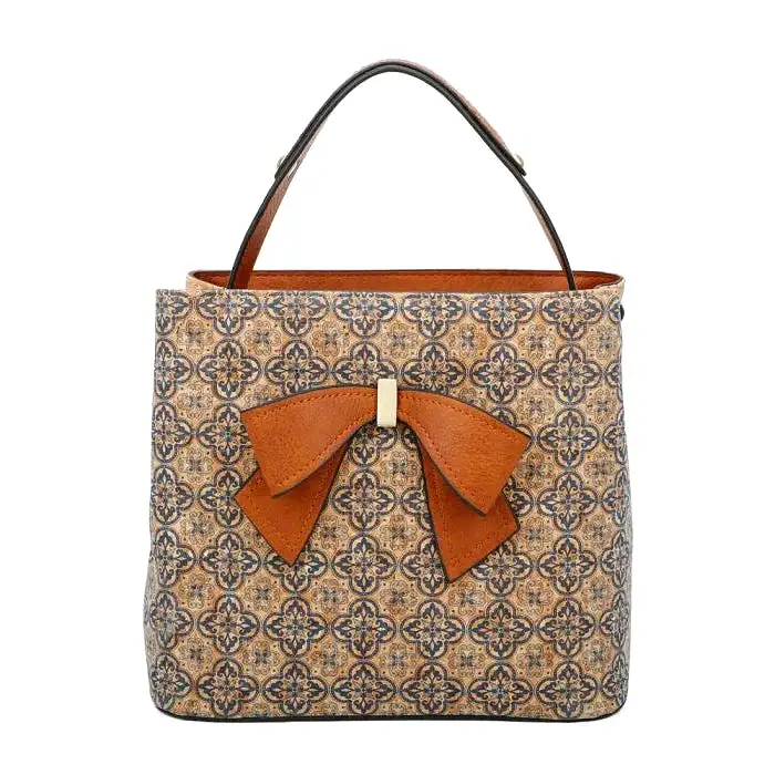 Large Blue Tile Printed Handbag with Faux Leather Bow  and Handle