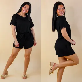 Let Me Loose Short Sleeve Drawstring Waist Tee Shirt Romper in Black