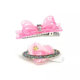 Lilies & Roses Heart Planet with Bow Pearlized Pink Hair Clips