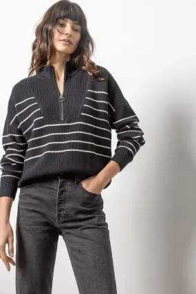 Lilla P Striped Zip Front Sweater in Black Stripe