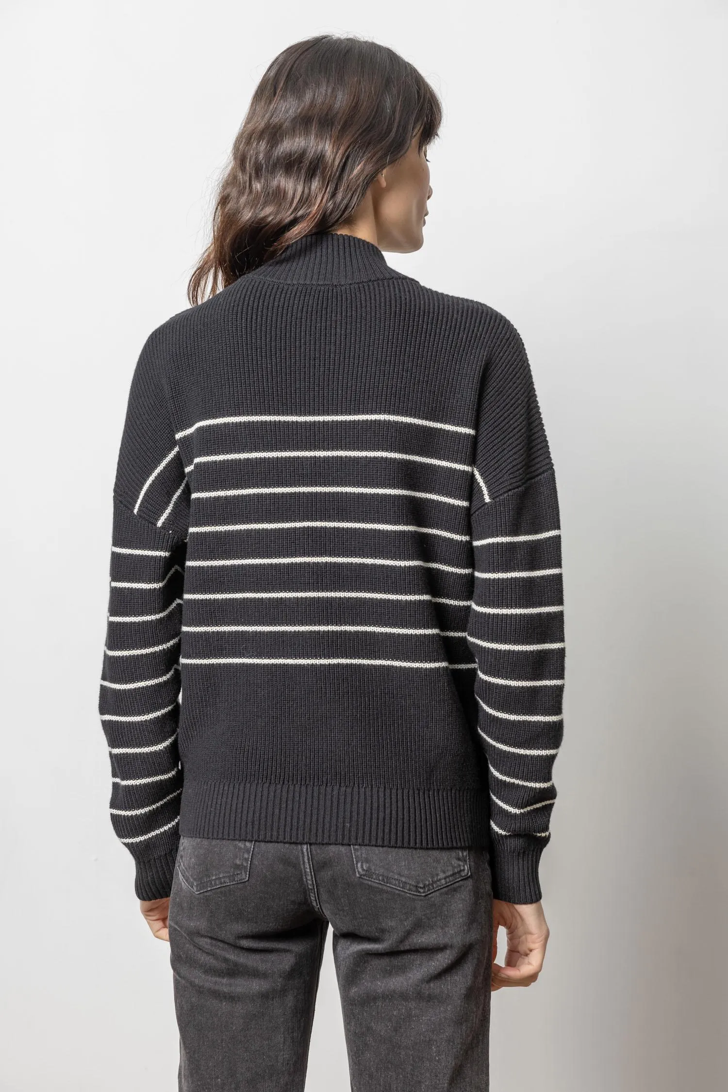 Lilla P Striped Zip Front Sweater in Black Stripe