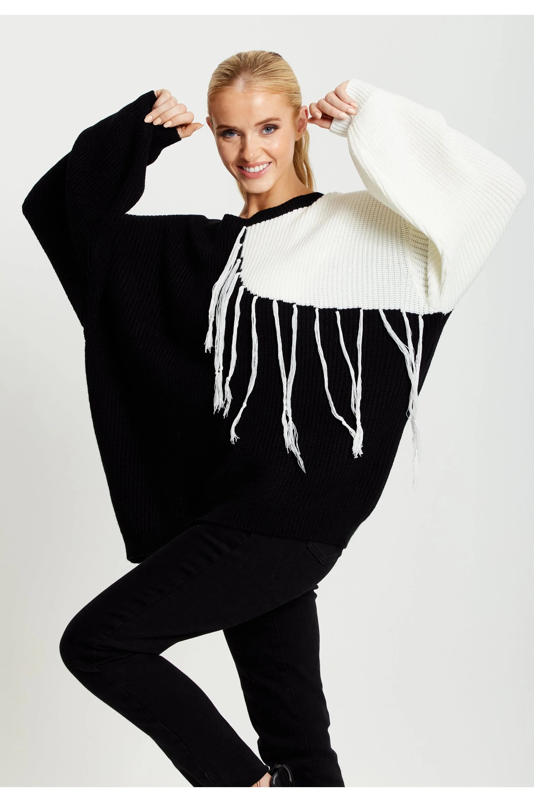 Liquorish Black And White Jumper With Tassel Detail