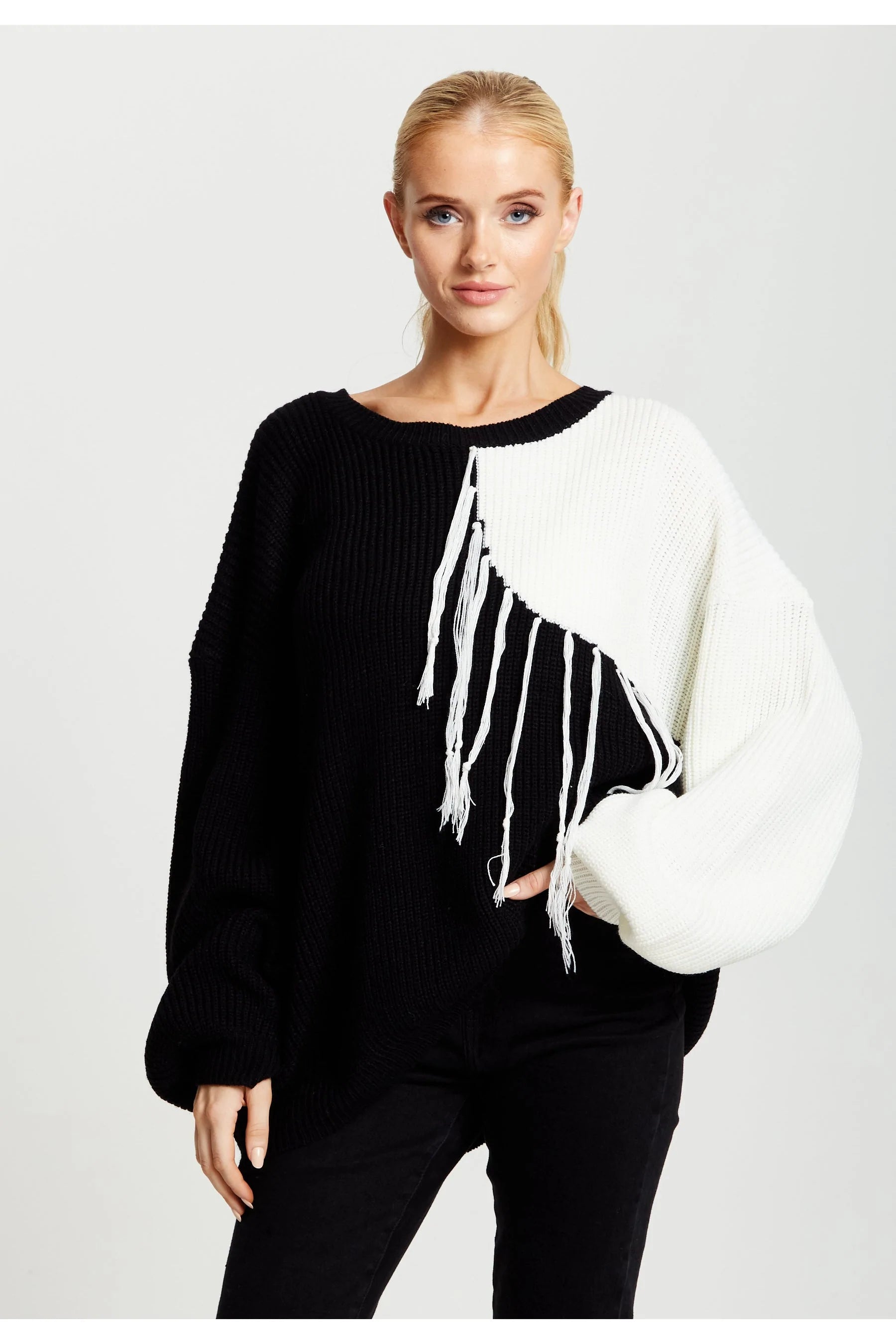 Liquorish Black And White Jumper With Tassel Detail