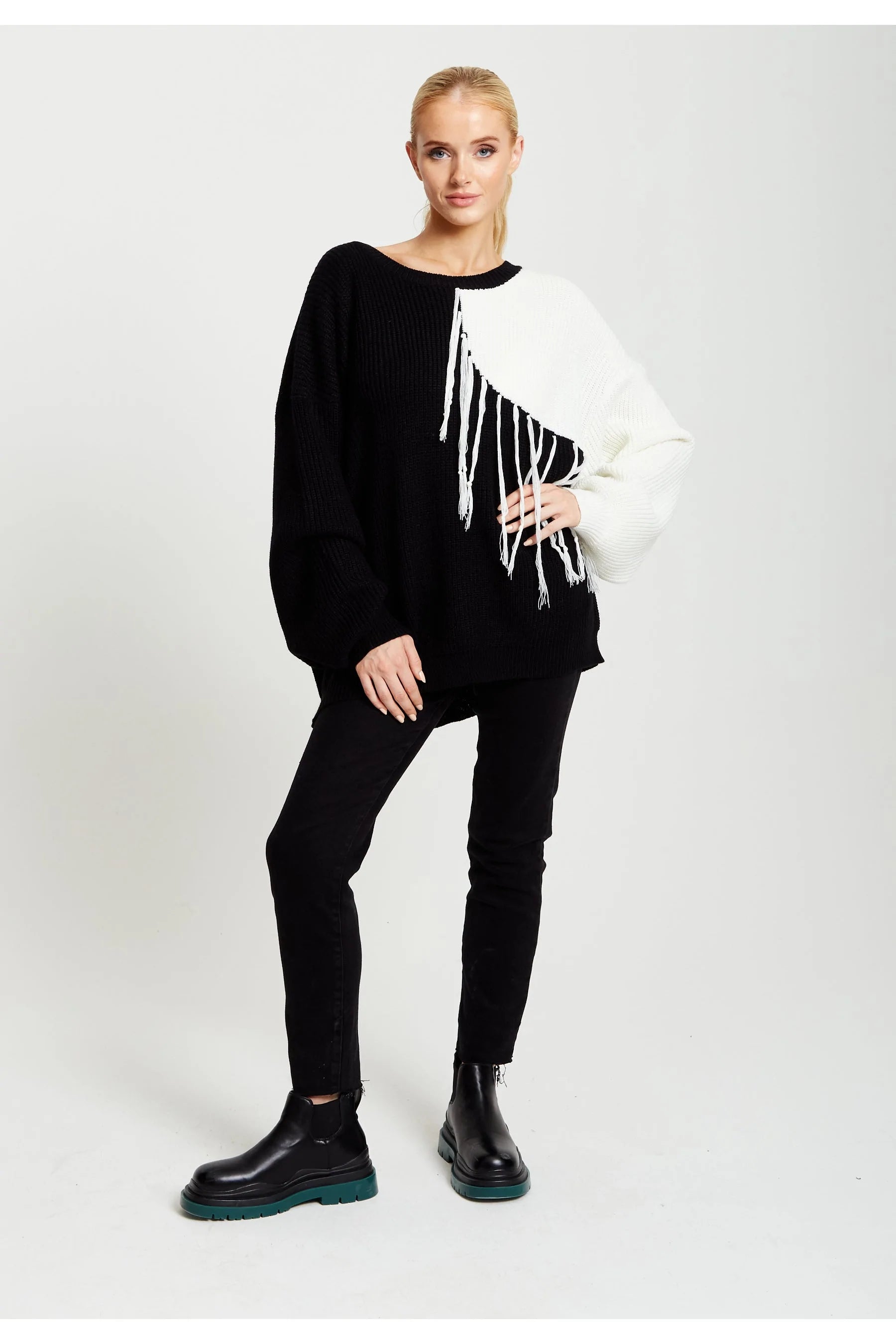 Liquorish Black And White Jumper With Tassel Detail