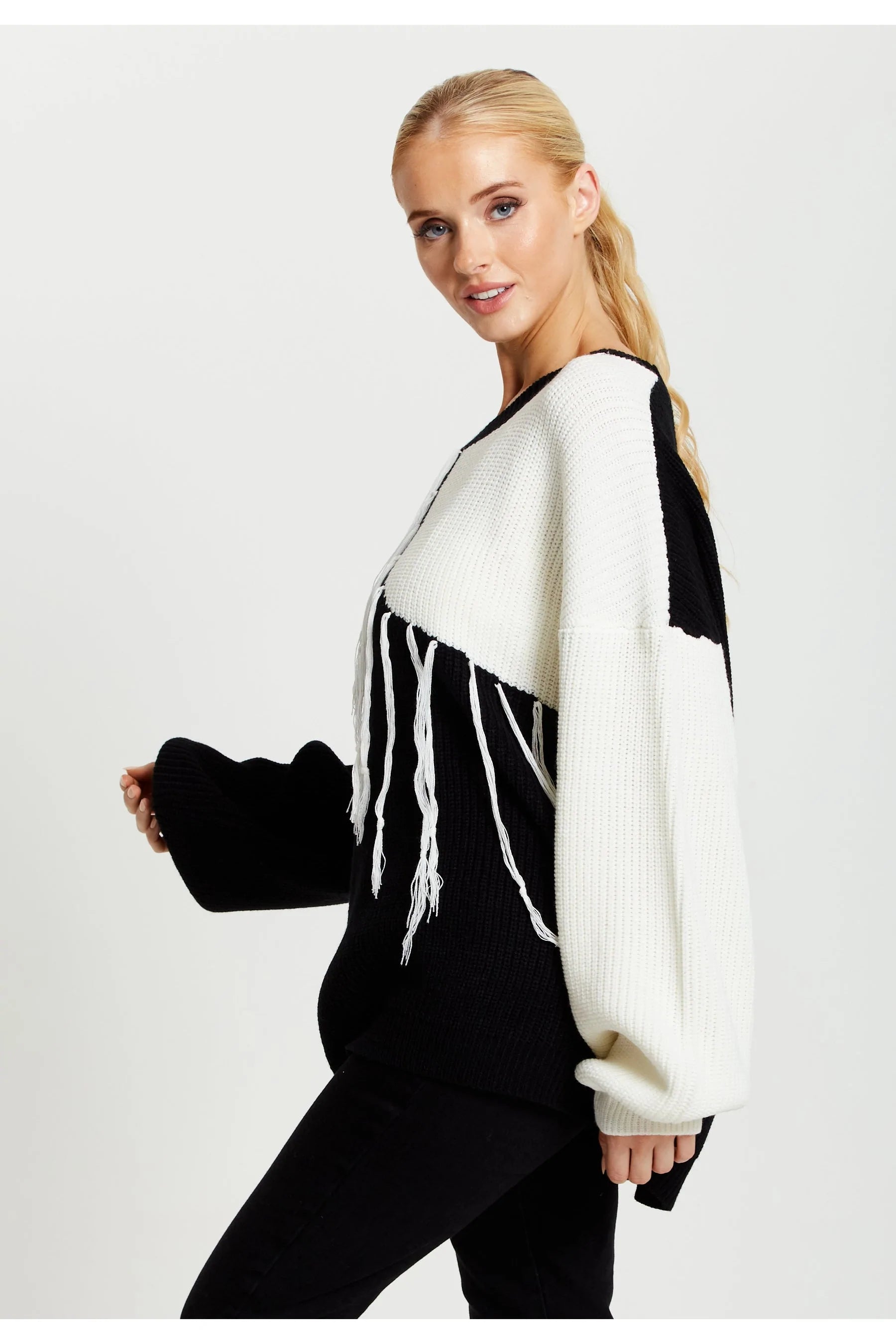 Liquorish Black And White Jumper With Tassel Detail