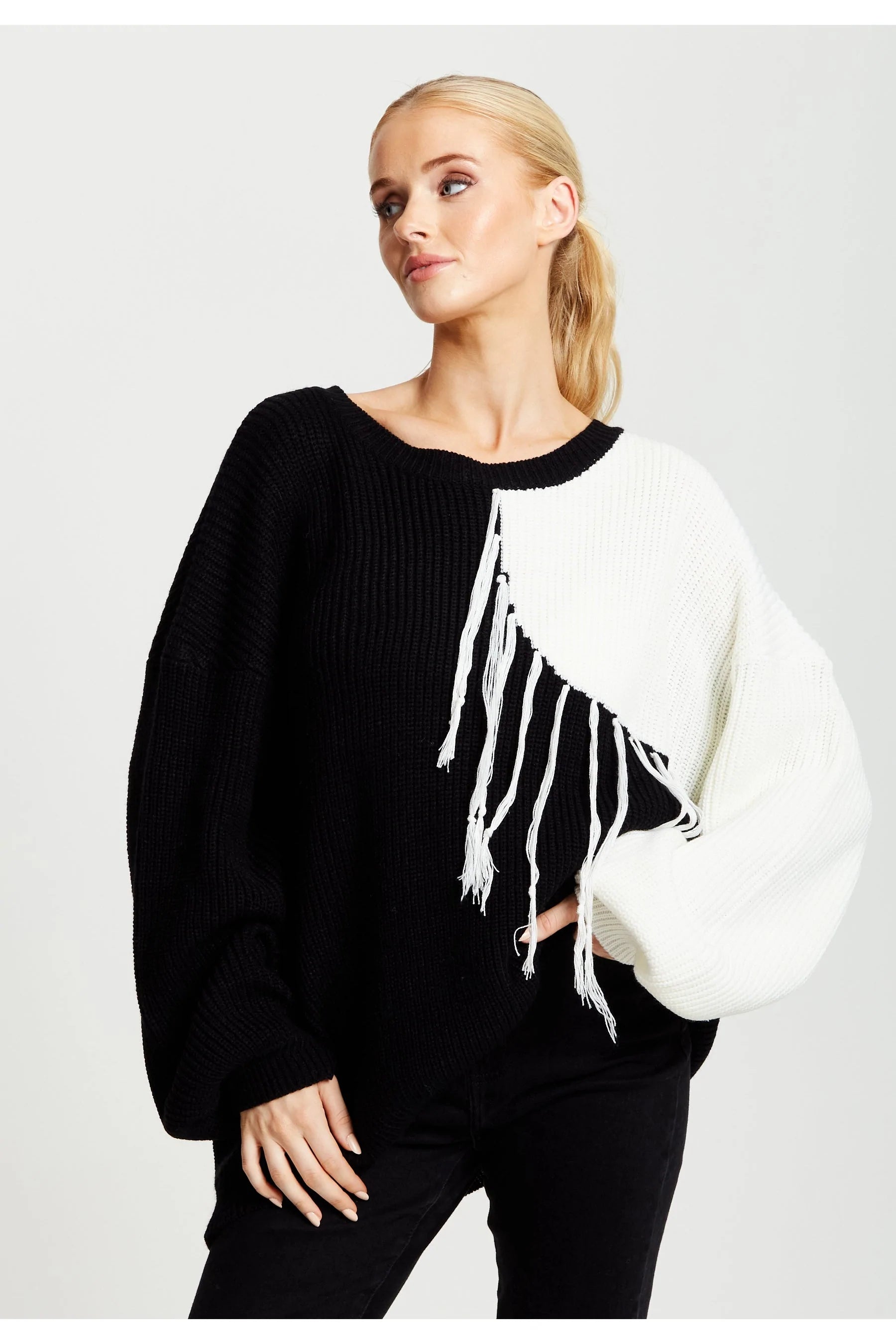 Liquorish Black And White Jumper With Tassel Detail