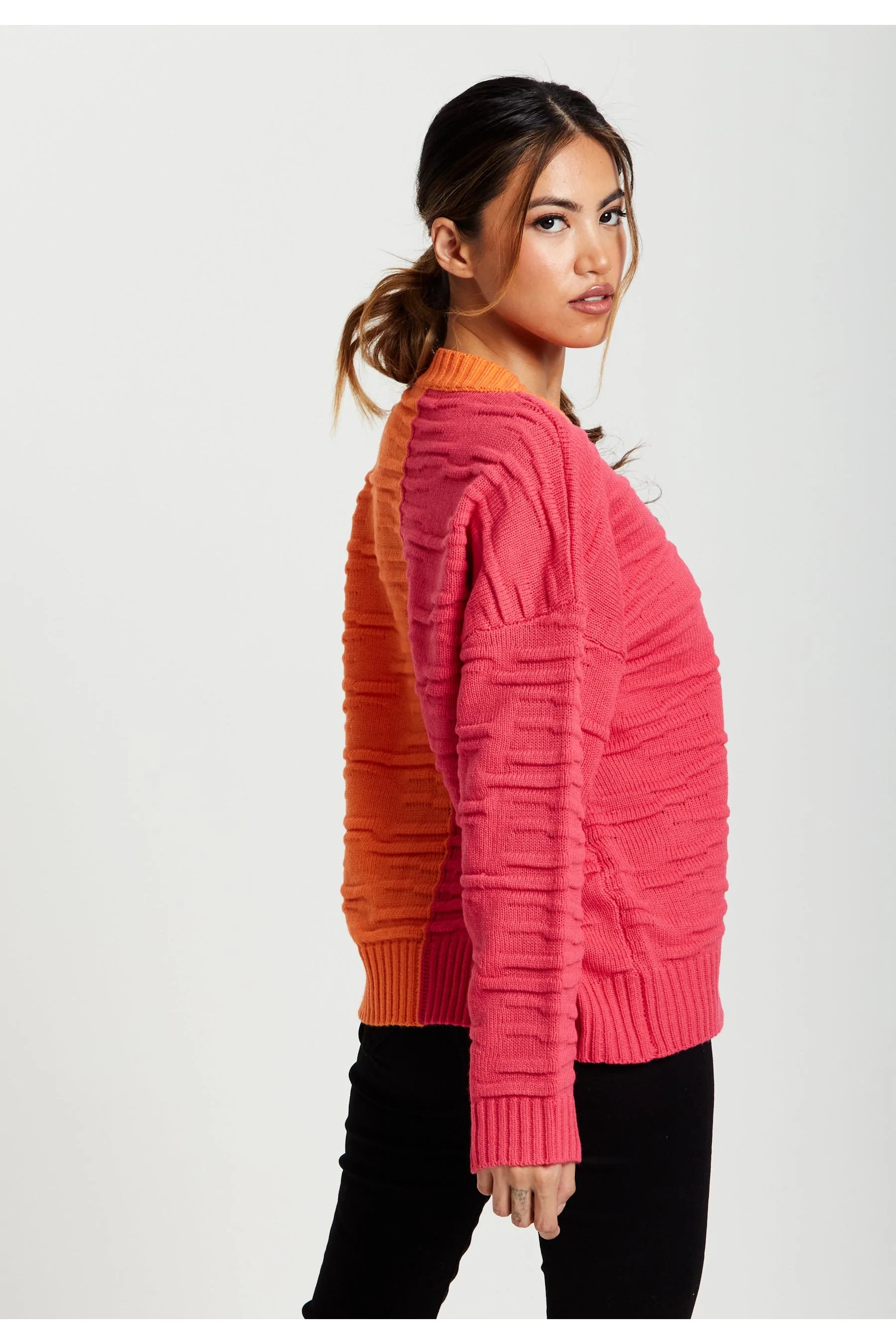 Liquorish Colour Block Jumper In Orange And Pink