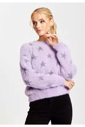 Liquorish Fluffy Grey Star Pattern Jumper