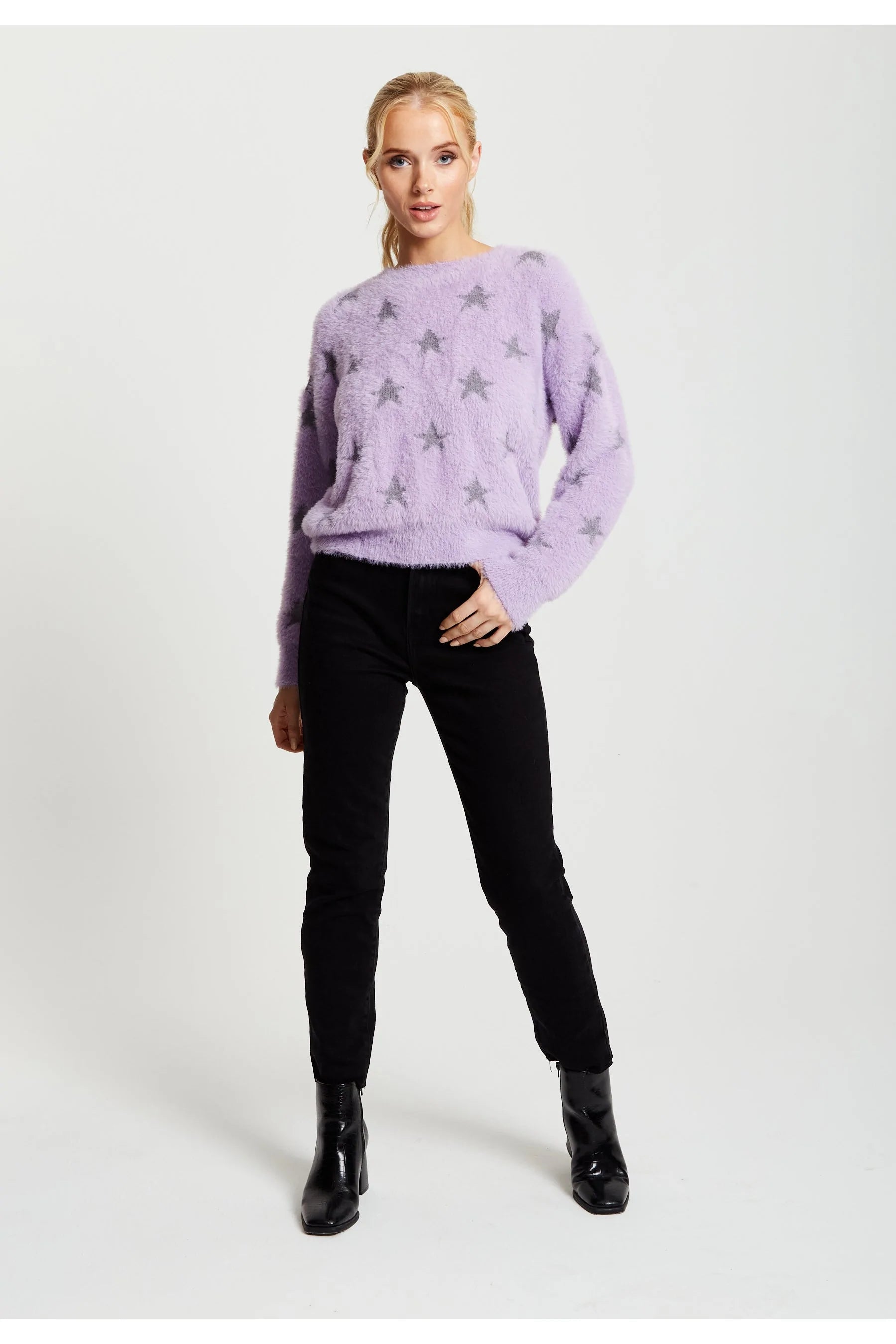 Liquorish Fluffy Grey Star Pattern Jumper