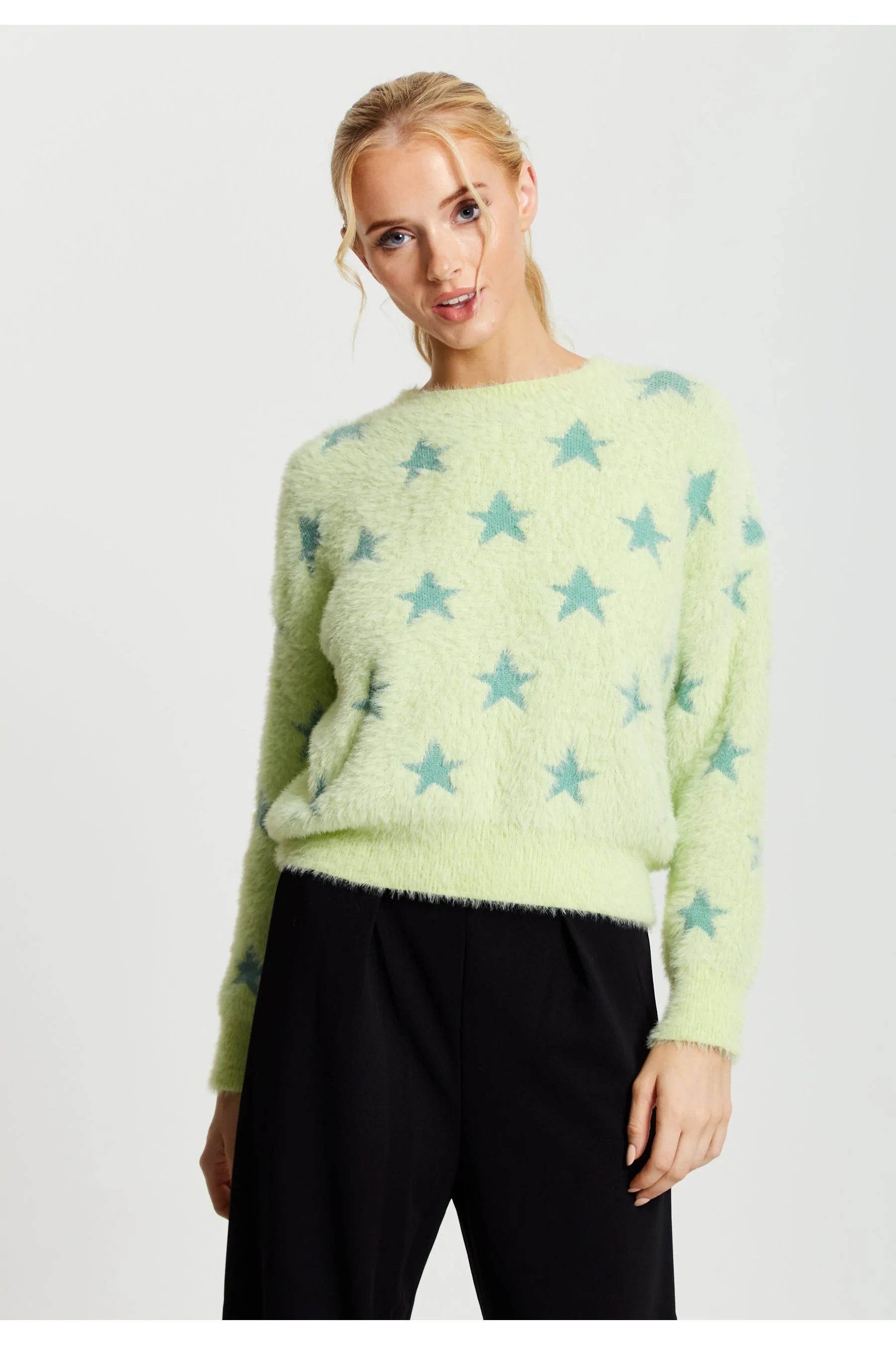 Liquorish Fluffy Grey Star Pattern Jumper