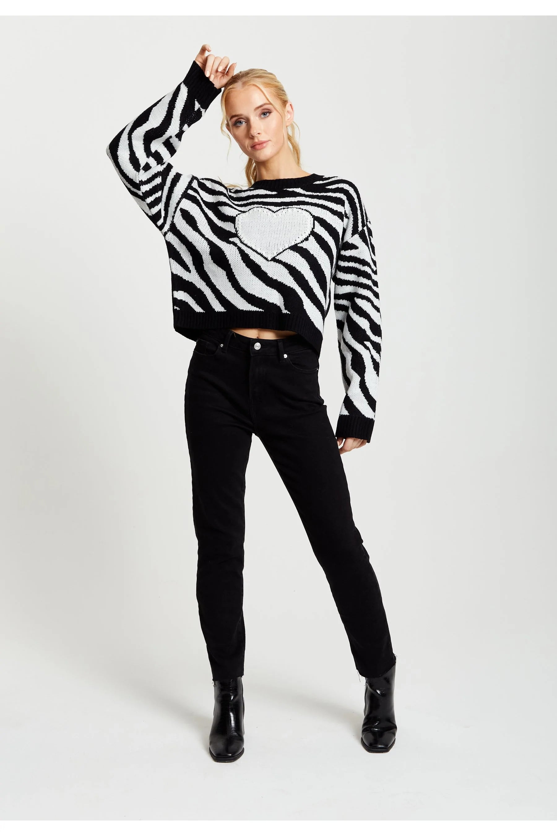 Liquorish Heart Jumper In Black And White Zebra Pattern