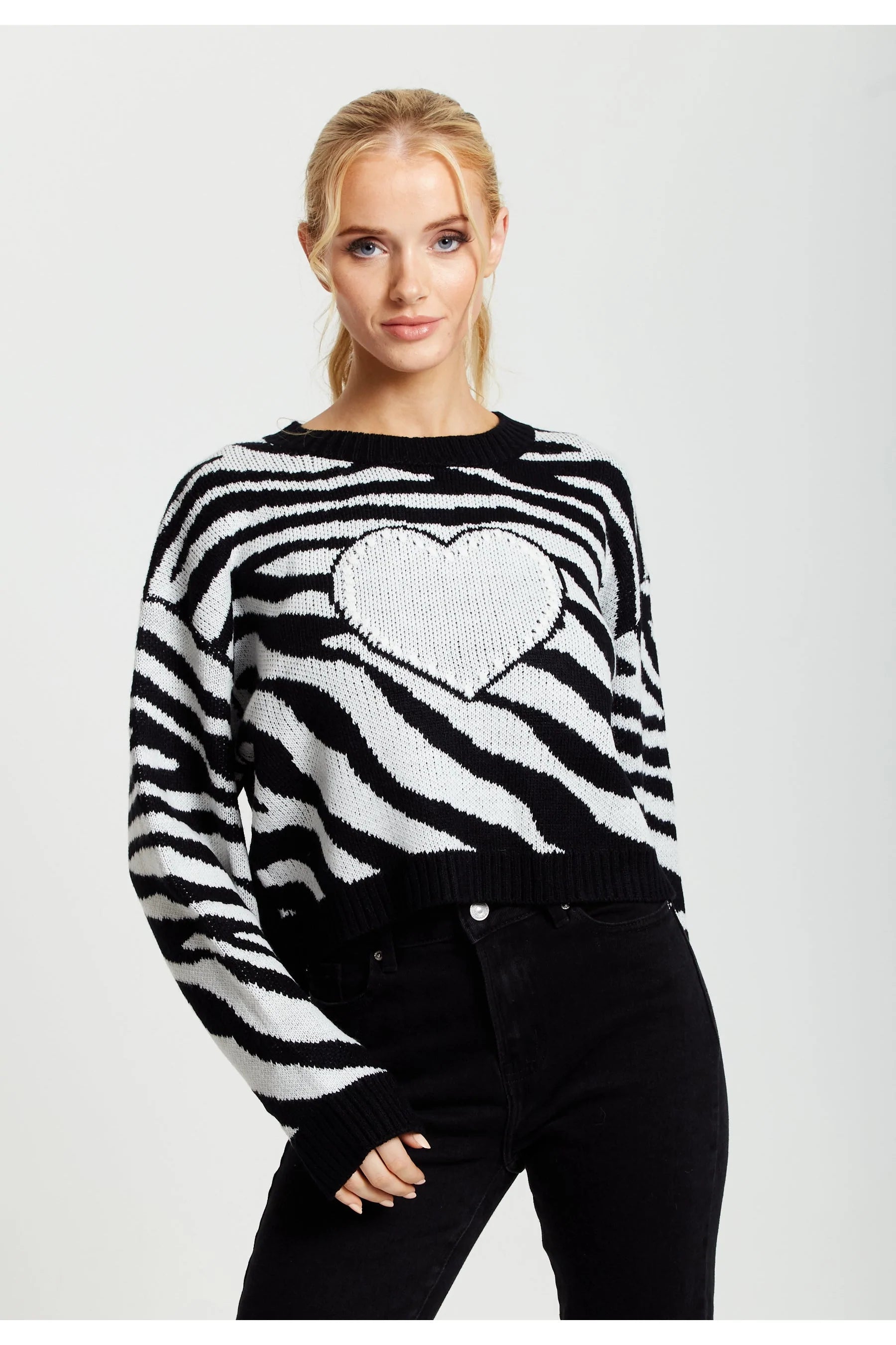 Liquorish Heart Jumper In Black And White Zebra Pattern