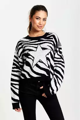 Liquorish Star Jumper In Black And White Zebra Pattern