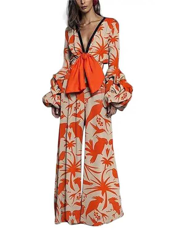 Maillard Bow Print V-Neck Jumpsuit with Boho Floral Print