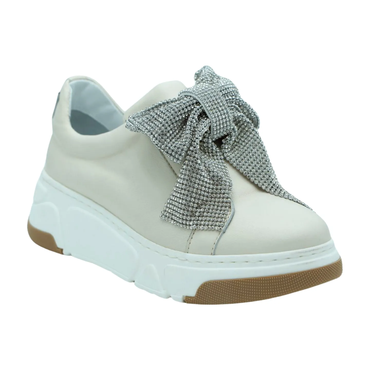 MARCO MOREO Cream Trainer with Diamante bow F023