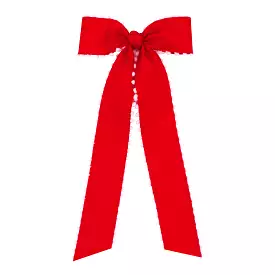 Medium Pom Edge Bow with Knot & Tails on Clippie - Red