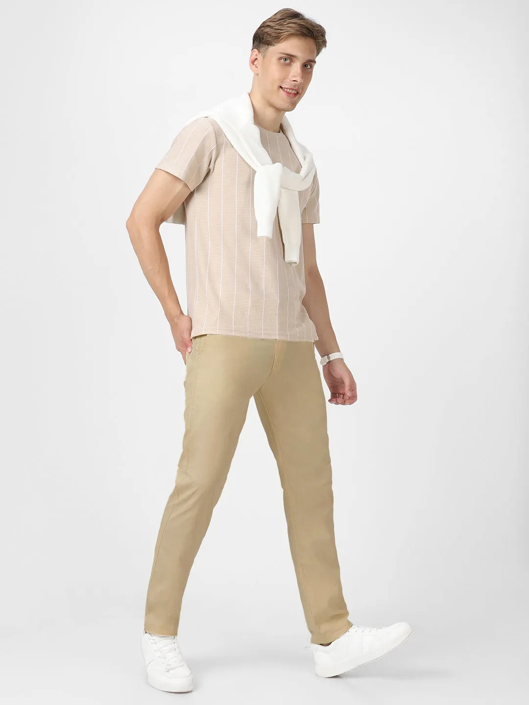 Men's Cream Cotton Light Weight Non-Stretch Slim Fit Casual Trousers