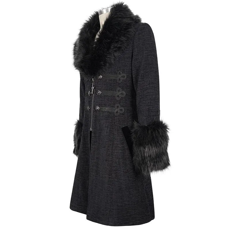 Men's Gothic Floral Zipper Coat with Detachable Faux Fur