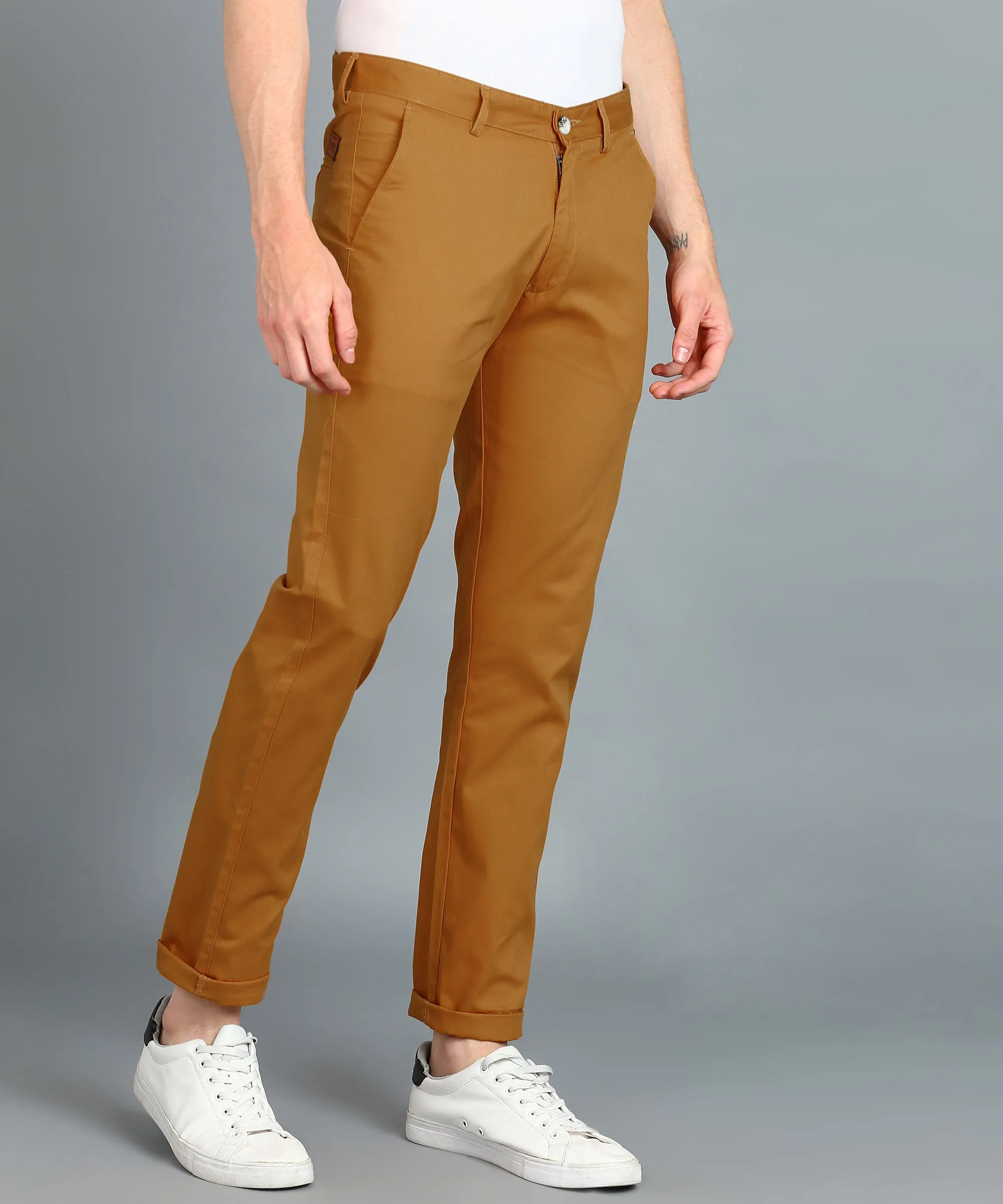 Men's Yellow Cotton Light Weight Non-Stretch Slim Fit Casual Trousers