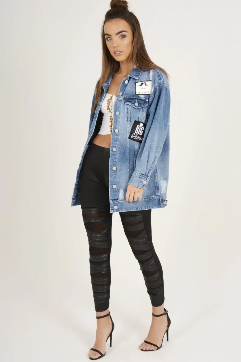 Mid Blue Oversized Badge Detail Denim Jacket - Leila