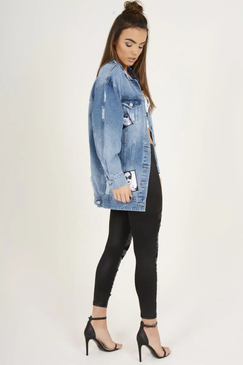 Mid Blue Oversized Badge Detail Denim Jacket - Leila