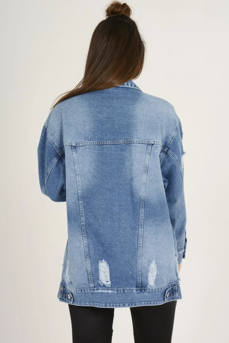 Mid Blue Oversized Badge Detail Denim Jacket - Leila