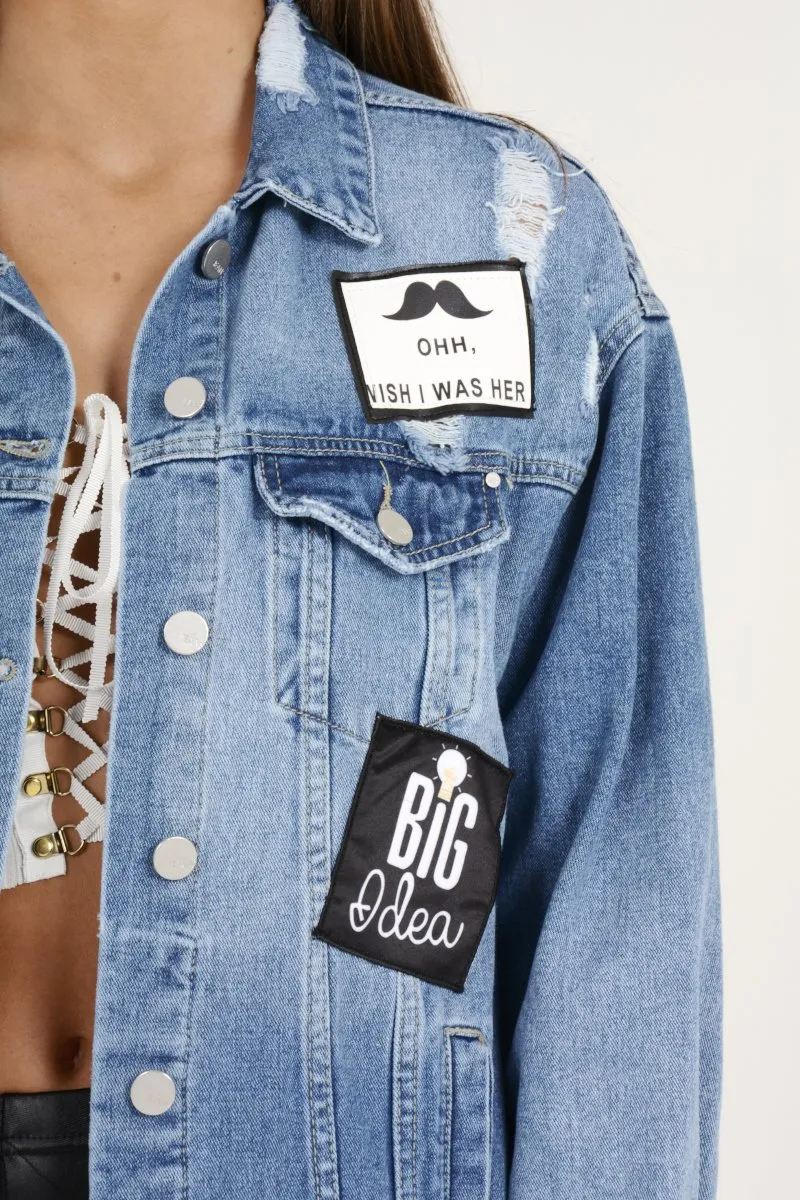 Mid Blue Oversized Badge Detail Denim Jacket - Leila