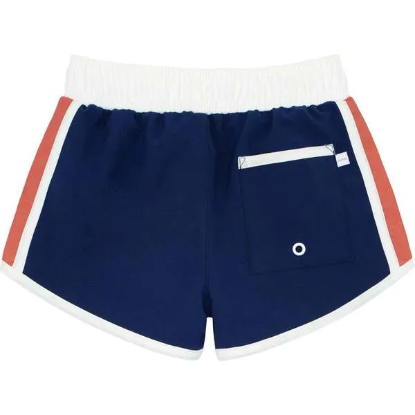 Minnow Drawstring Boardie Shorts, Navy And Dusty Red