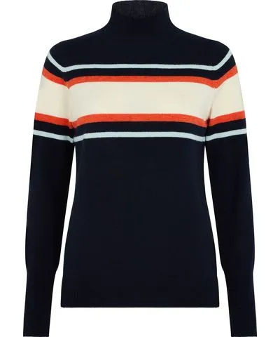 Mirla Beane Women's Blue Cashmere Mix Navy/Cream/Orange Stripe High Neck Jumper