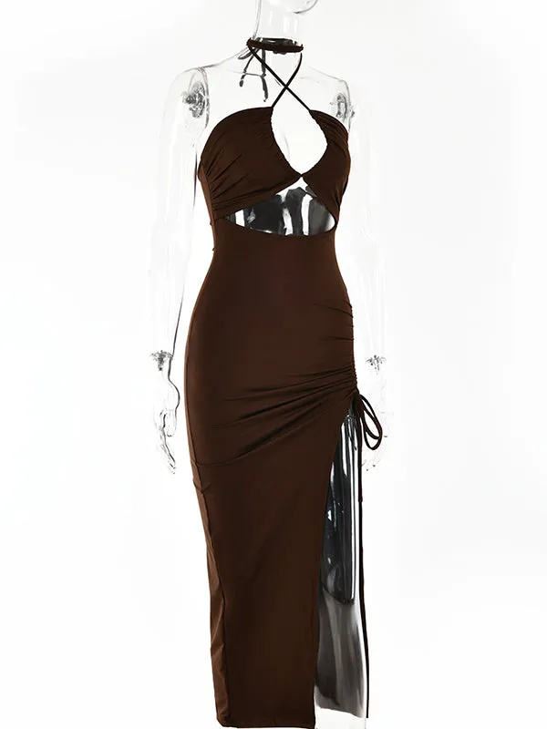 Momnfancy Coffee Cut Out Drawstring Side Slit Halter Neck Bodycon Fashion Bbay Shower Maternity Midi Dress