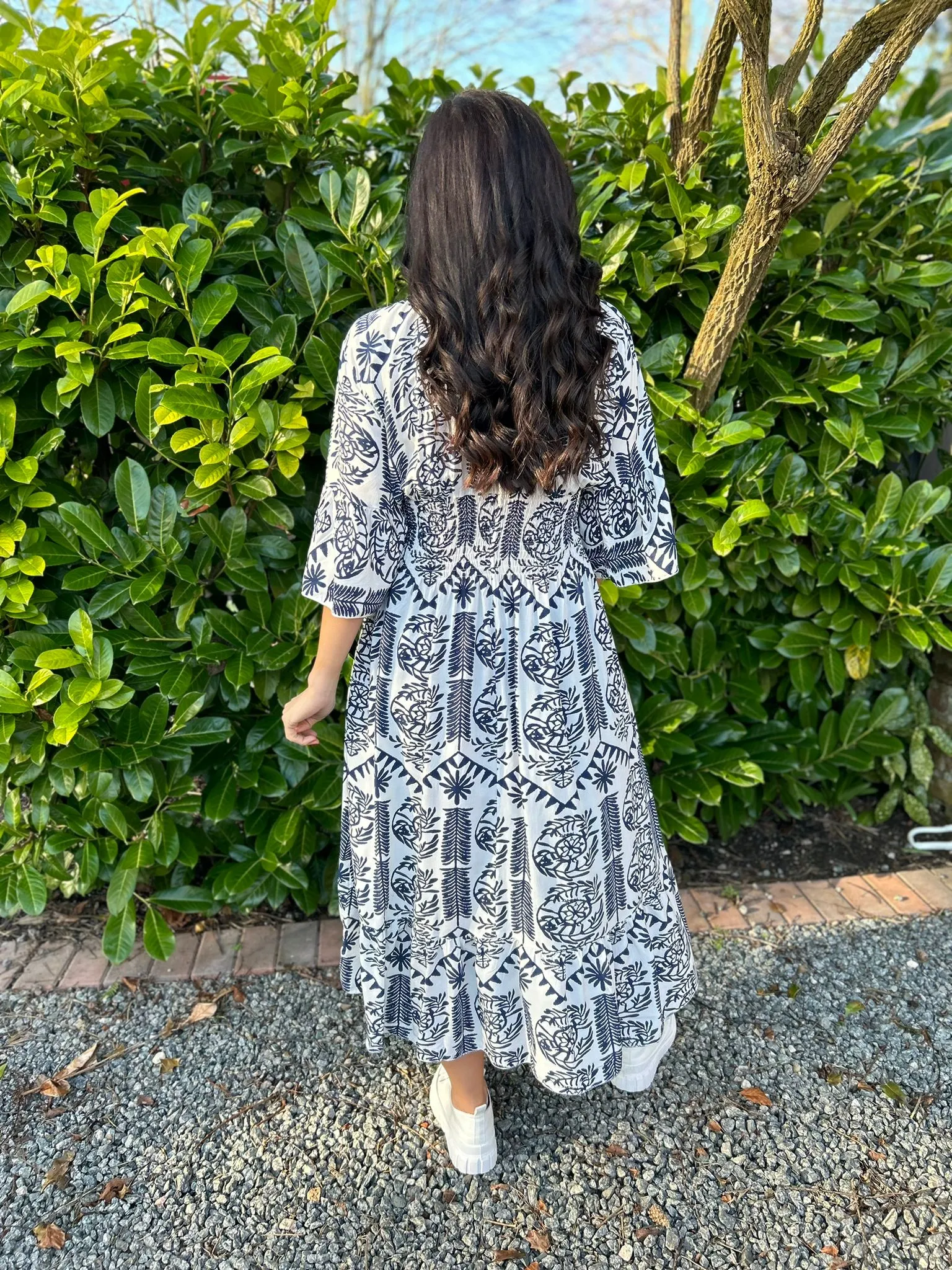 Navy Flared Sleeve Maxi Tribal Dress Megan