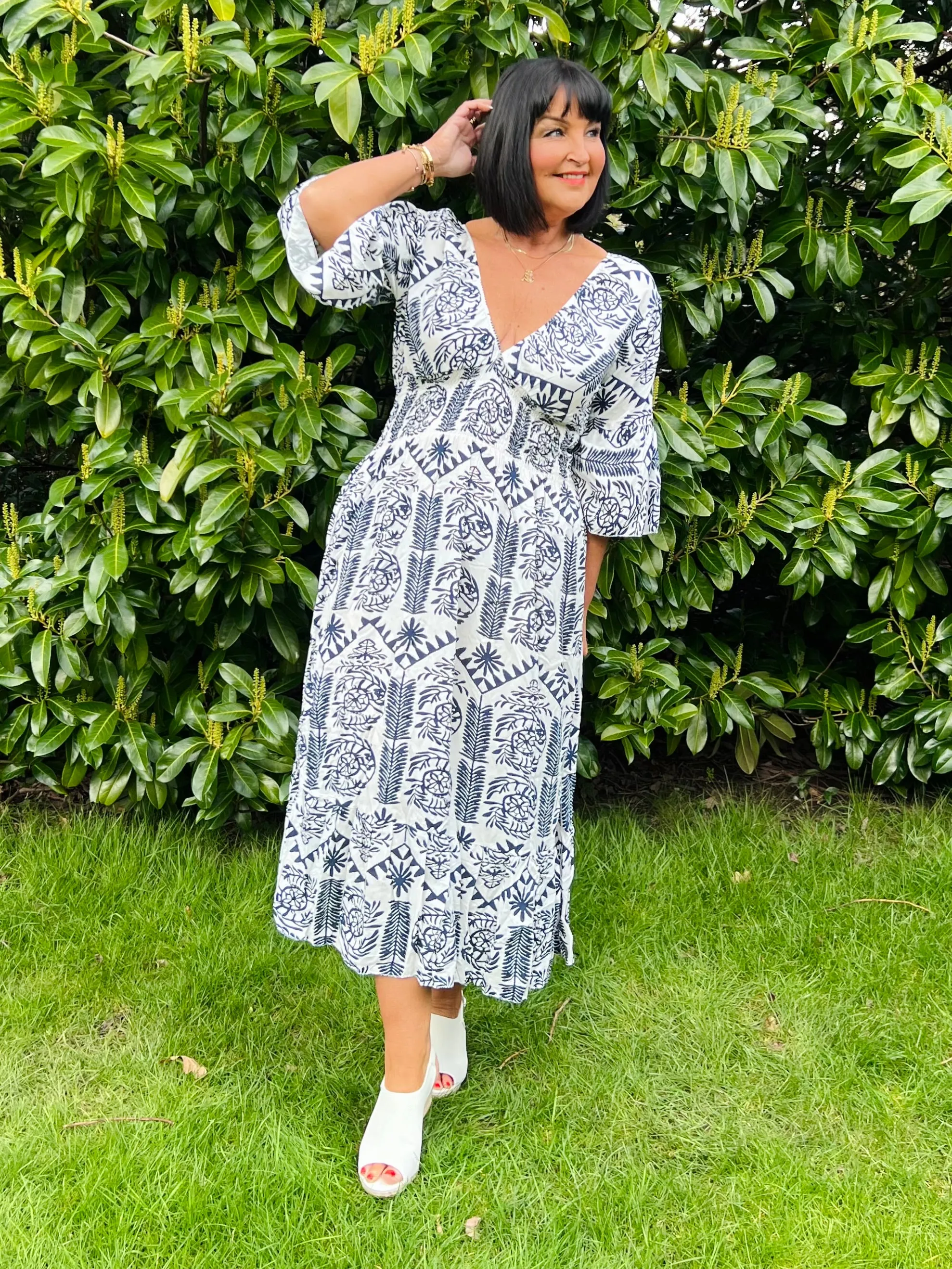 Navy Flared Sleeve Maxi Tribal Dress Megan