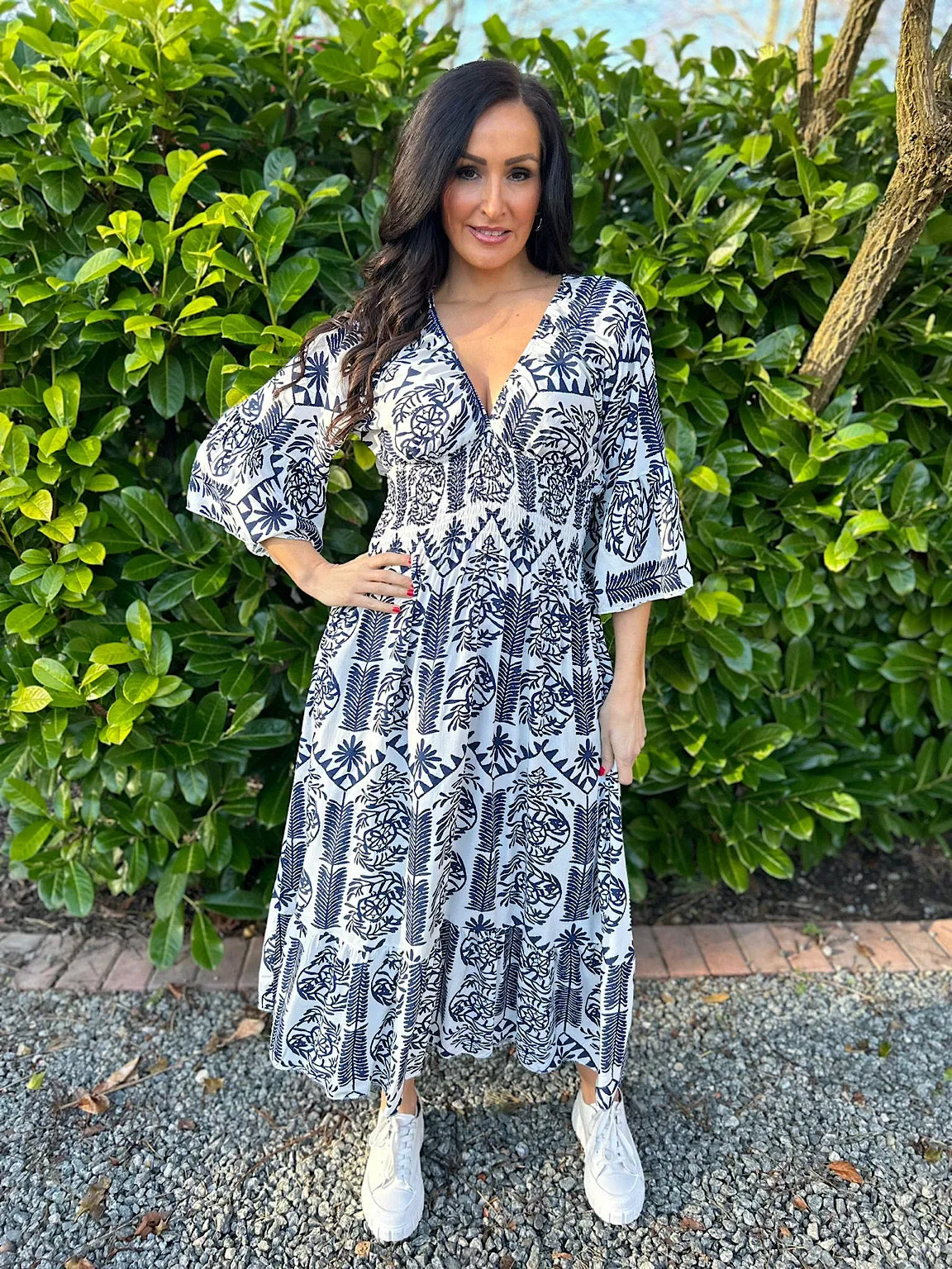 Navy Flared Sleeve Maxi Tribal Dress Megan