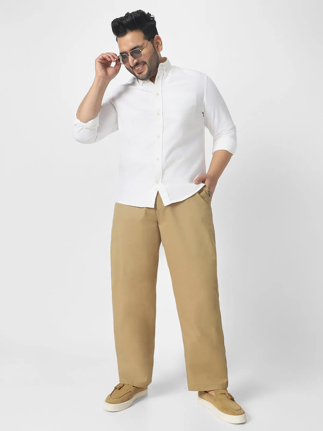 Plus Men's Khaki Cotton Regular Fit Casual Chinos Trousers Stretch