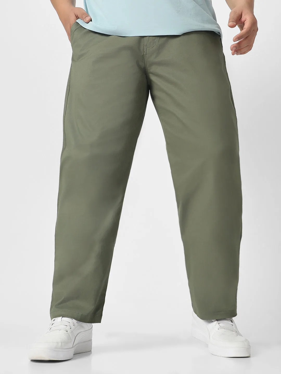 Plus Men's Light Grey Cotton Regular Fit Casual Chinos Trousers Stretch