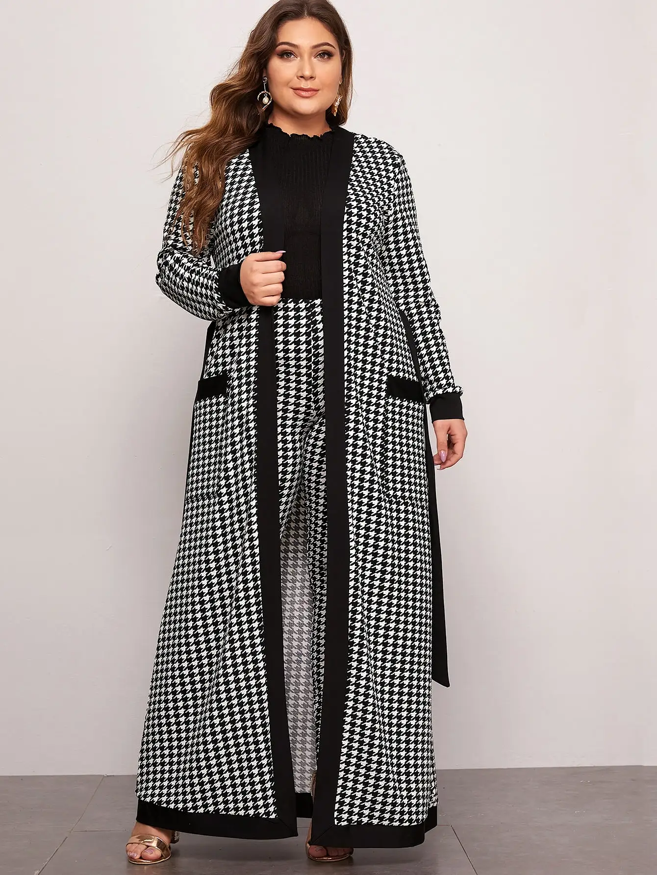 Plus Patch Pocket Belted Houndstooth Coat Leggings Set