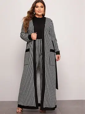 Plus Patch Pocket Belted Houndstooth Coat Leggings Set