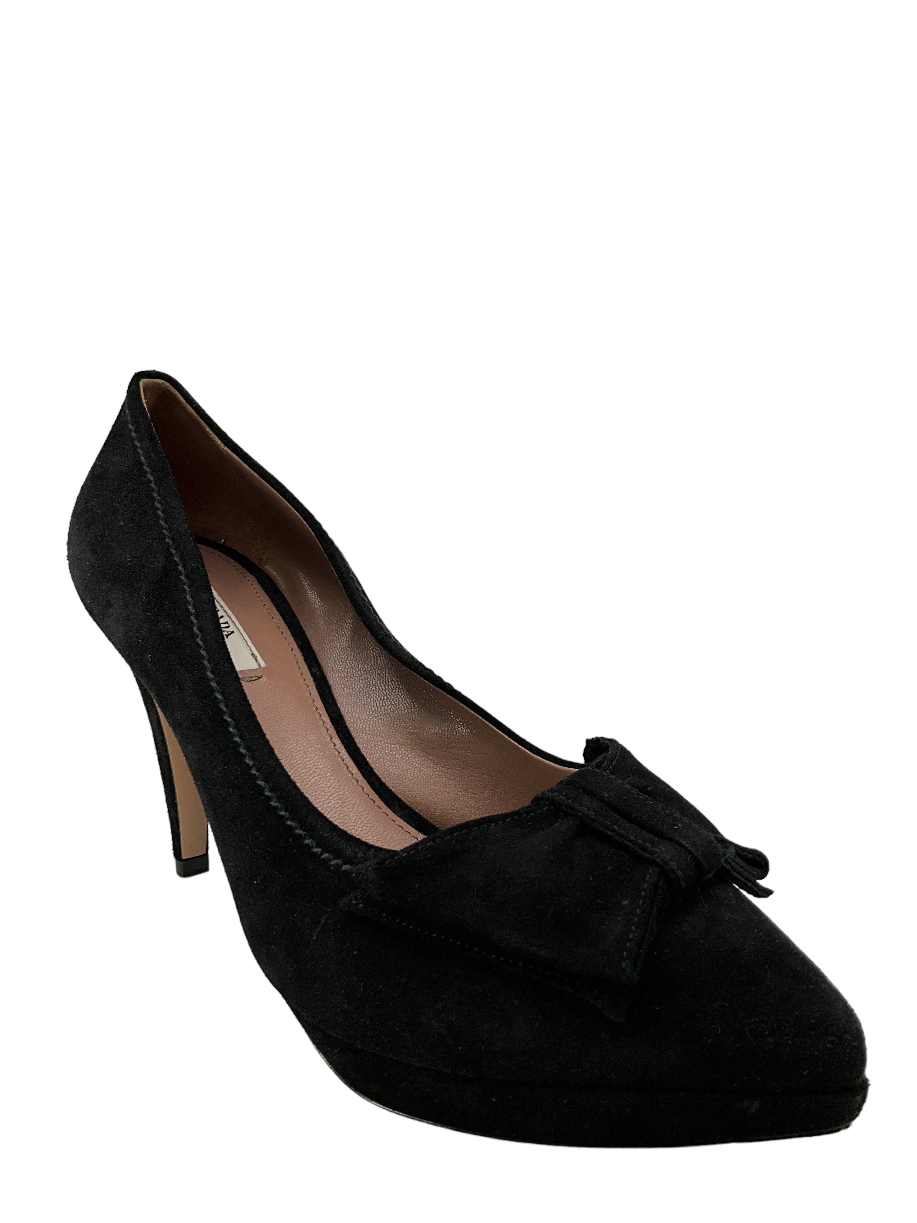 Prada Black Suede Platform Pumps With Bow Size 8.5