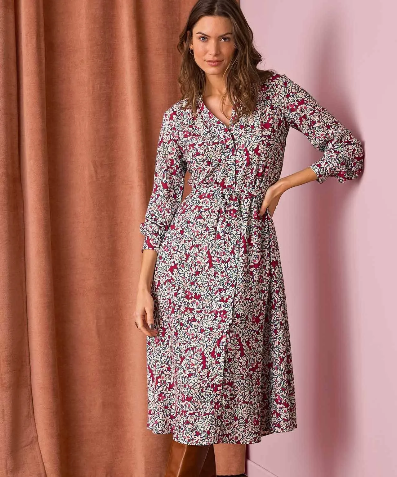 Printed Flared Button-front Dress