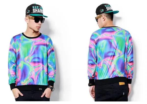 Psychadelic Liquid Pink and Blue Dyed Crewneck Sweater for Men