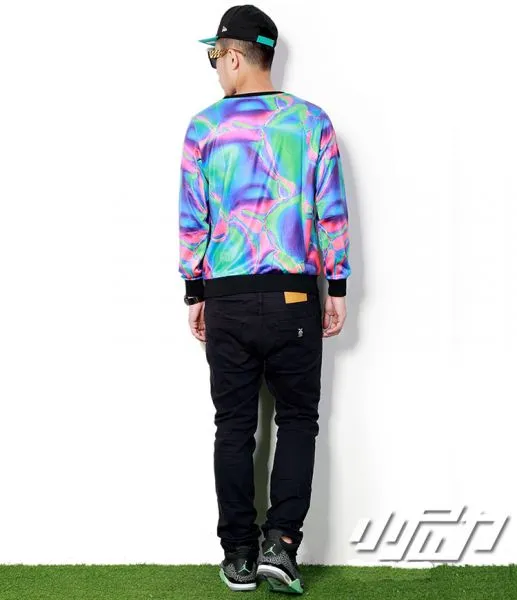 Psychadelic Liquid Pink and Blue Dyed Crewneck Sweater for Men