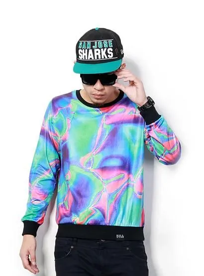 Psychadelic Liquid Pink and Blue Dyed Crewneck Sweater for Men