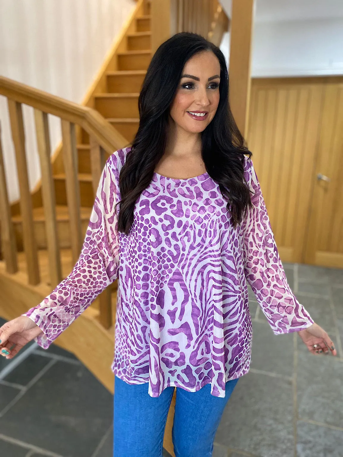 Purple Multi Animal Print Mesh Top Gina