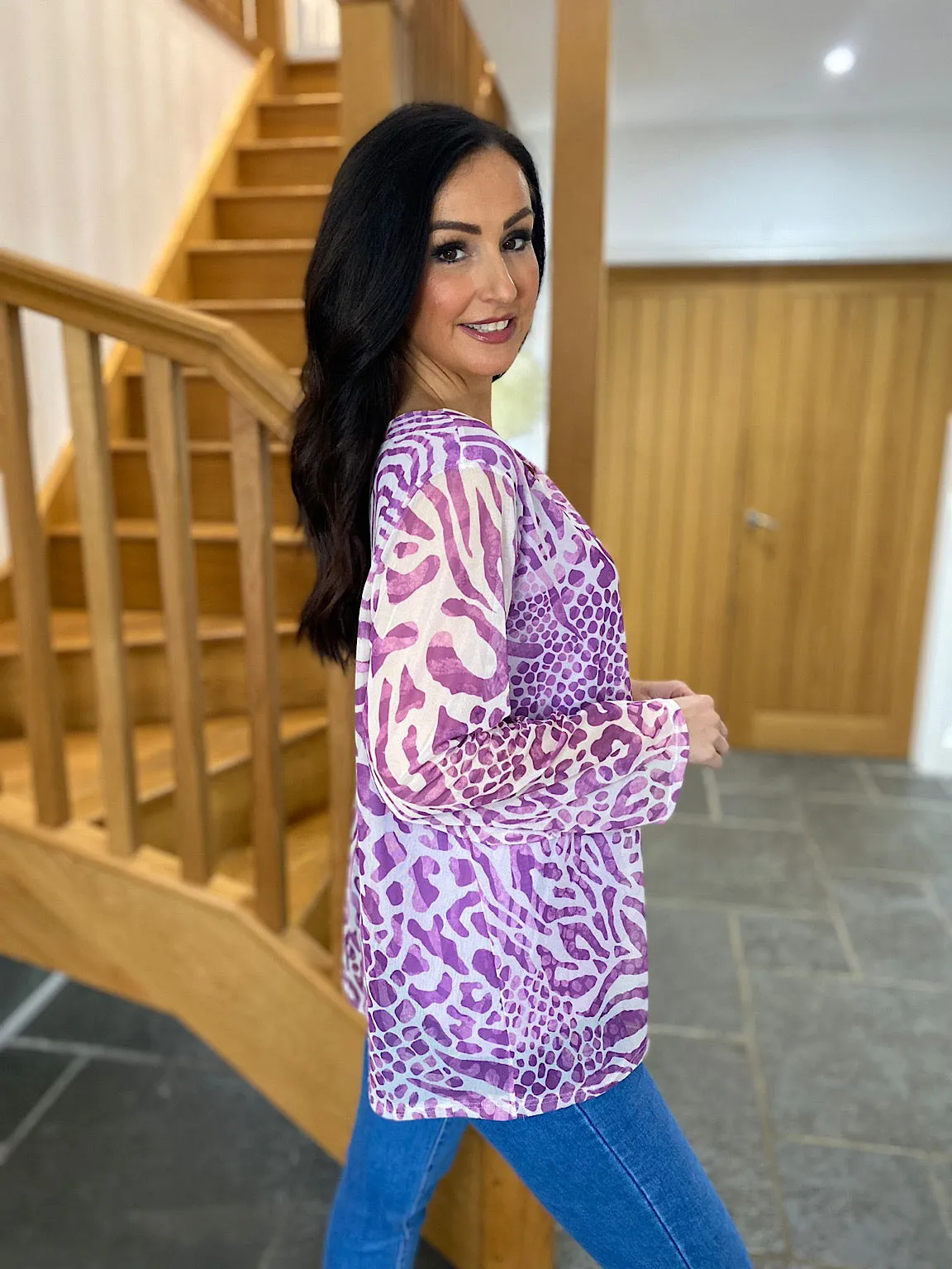 Purple Multi Animal Print Mesh Top Gina